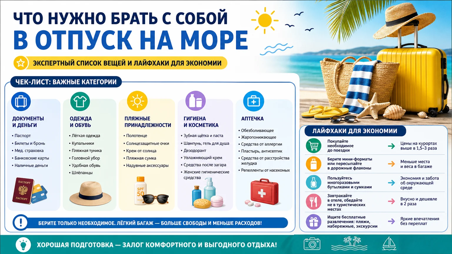 Что нужно брать с собой в отпуск на море: экспертный список вещей и лайфхаки для экономии