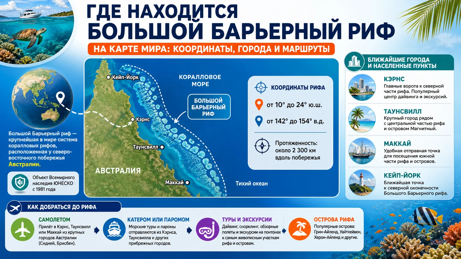 Где находится Большой Барьерный риф на карте мира: координаты, города и маршруты