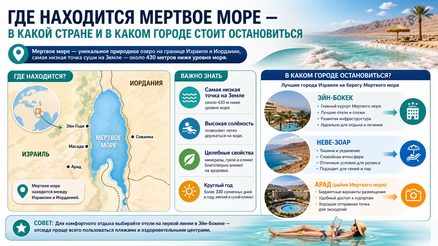 Где находится Мертвое море — в какой стране и в каком городе стоит остановиться