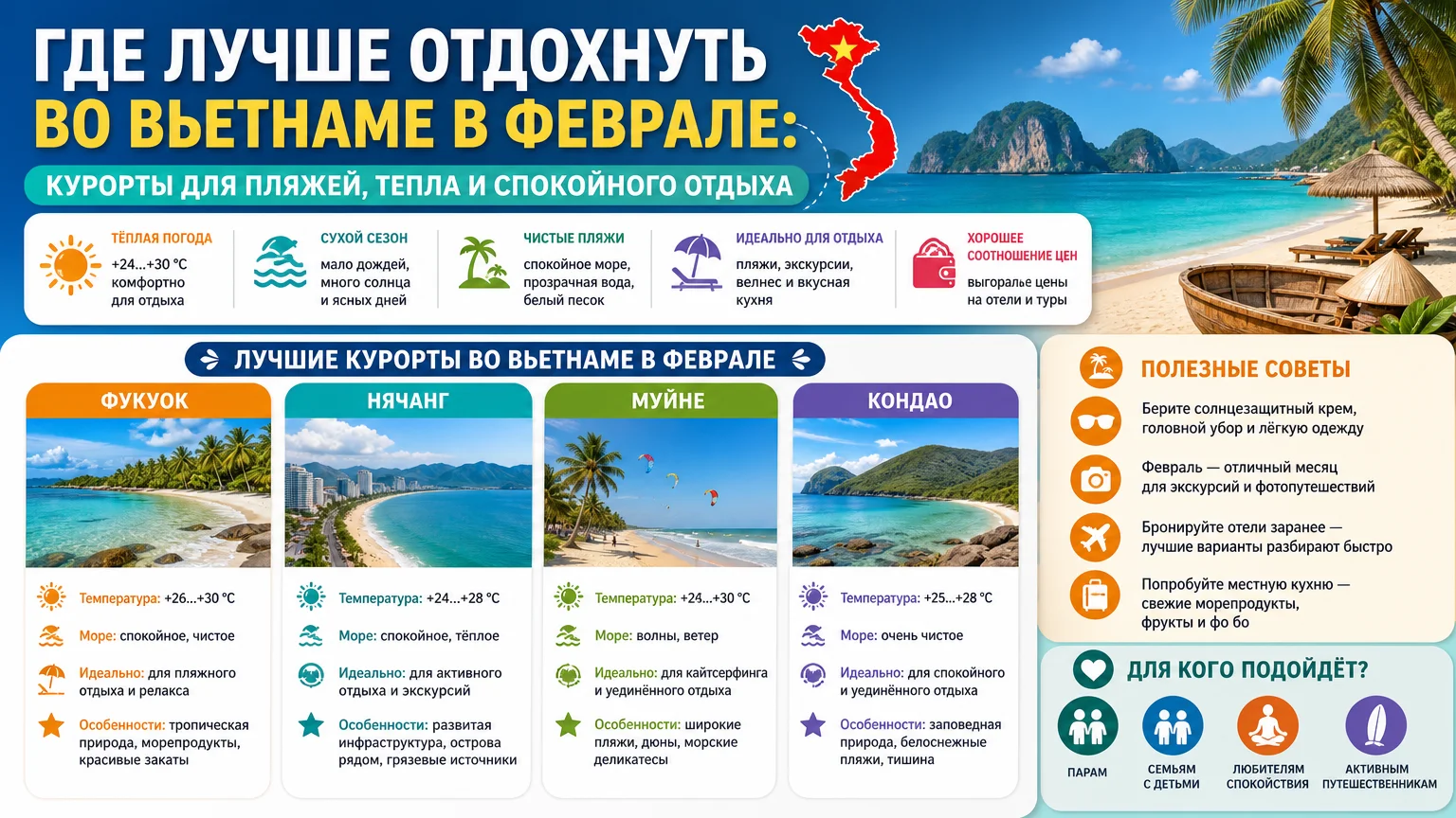 Где лучше отдохнуть во Вьетнаме в феврале: курорты для пляжей, тепла и спокойного отдыха