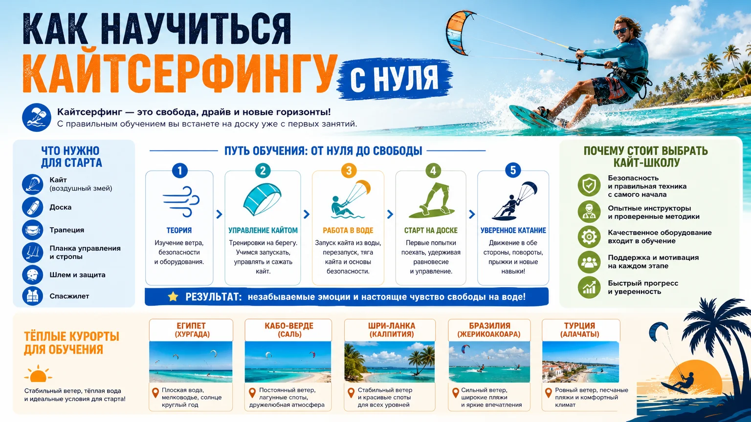 Как научиться кайтсерфингу с нуля: обучение, школы, тёплые курорты