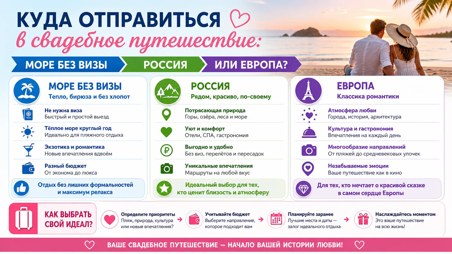 Куда отправиться в свадебное путешествие: море без визы, Россия или Европа