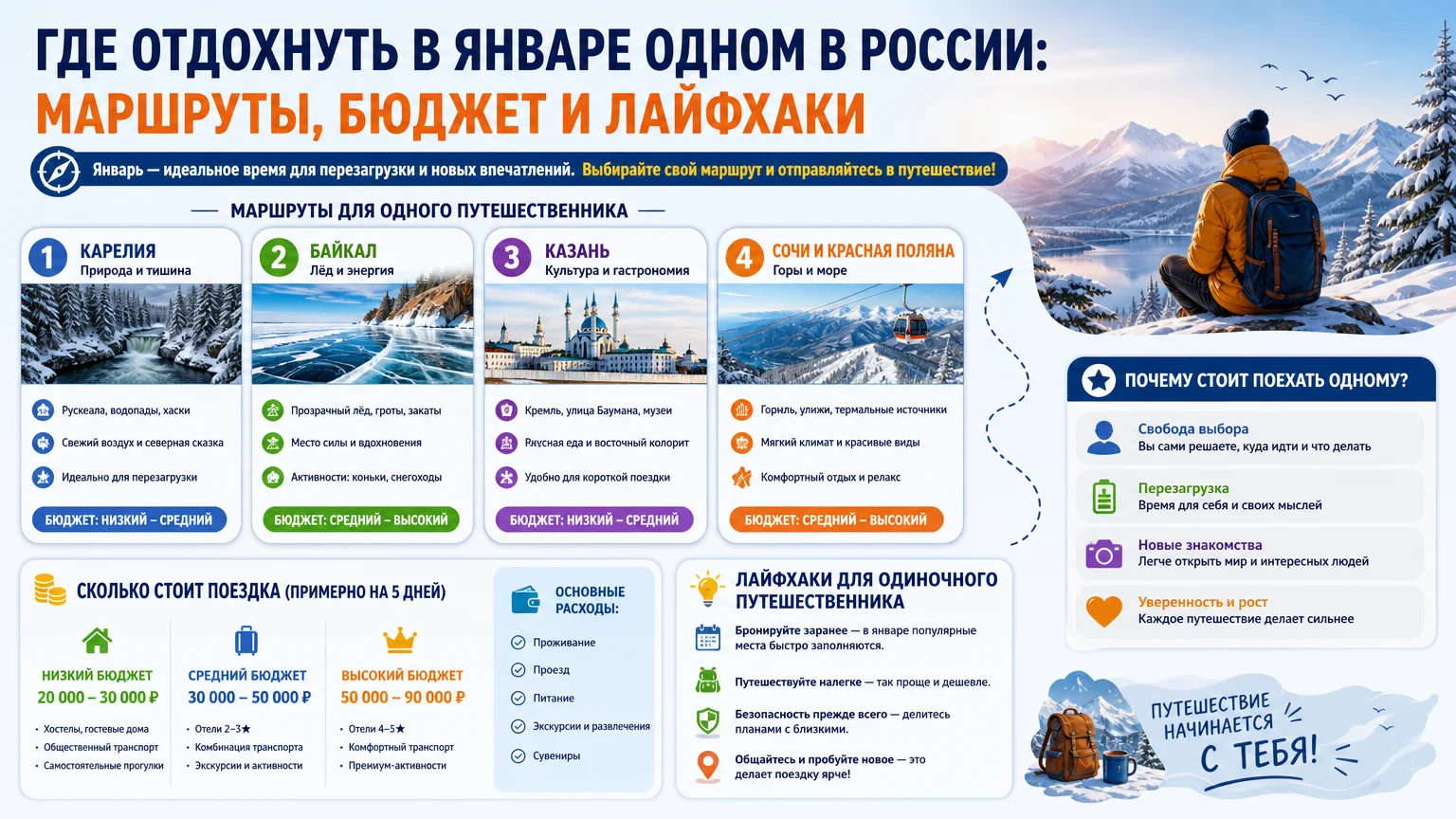 Где отдохнуть в январе одному в России: маршруты, бюджет и лайфхаки