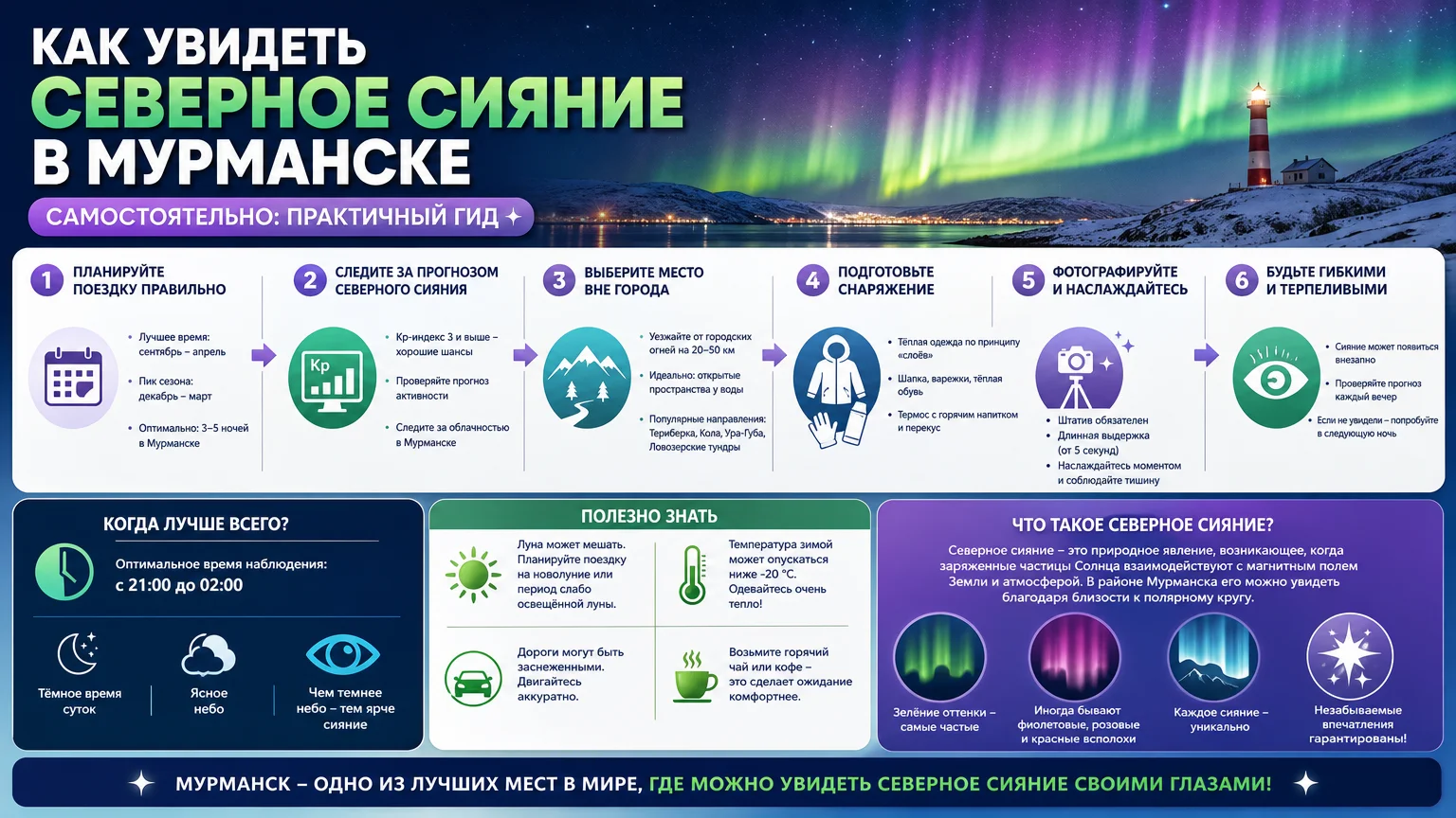 Как увидеть северное сияние в Мурманске самостоятельно: практичный гид