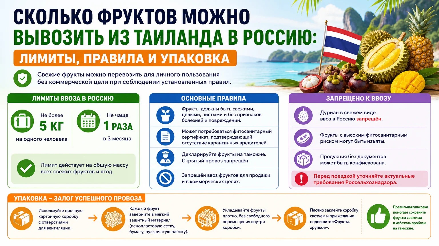 Сколько фруктов можно вывозить из Таиланда в Россию: лимиты, правила и упаковка