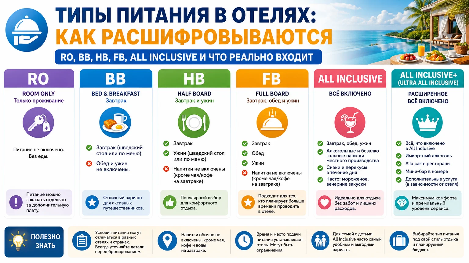 Типы питания в отелях: как расшифровываются RO, BB, HB, FB, All Inclusive и что реально входит