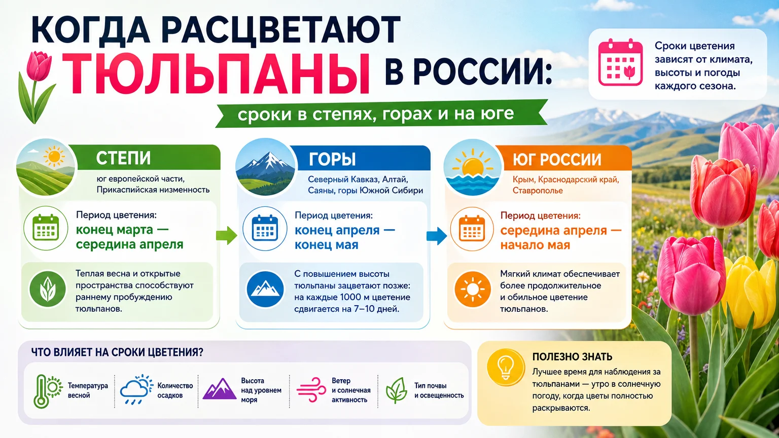 Когда расцветают тюльпаны в России: сроки в степях, горах и на юге