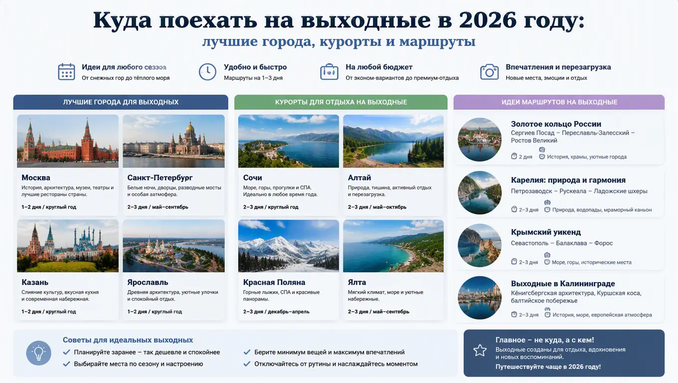Куда поехать на выходные в 2026 году: лучшие города, курорты и маршруты