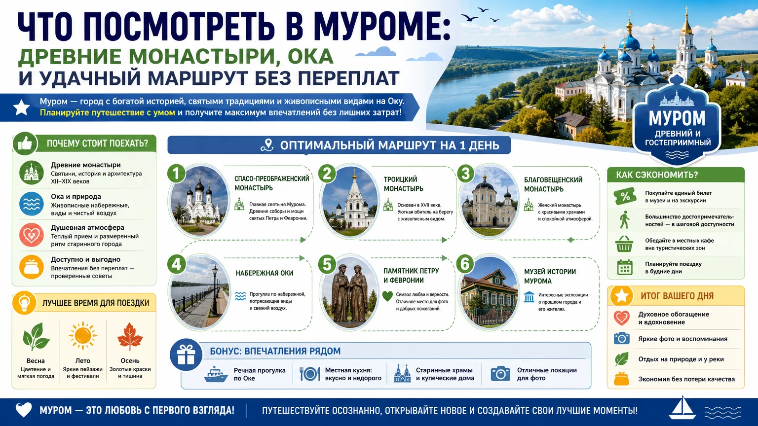 Что посмотреть в Муроме: древние монастыри, Ока и удачный маршрут без переплат
